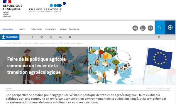 copie d'écran du site de France Stratégie annonçant le rapport sur la PAC levier de transition