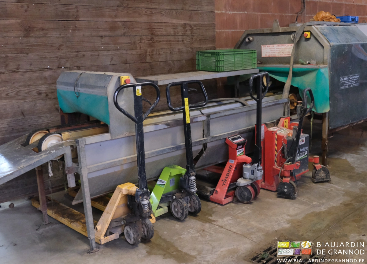 photo des transpalettes, du peseur et du basculeur rangés les fourches sous la laveuse à poireau