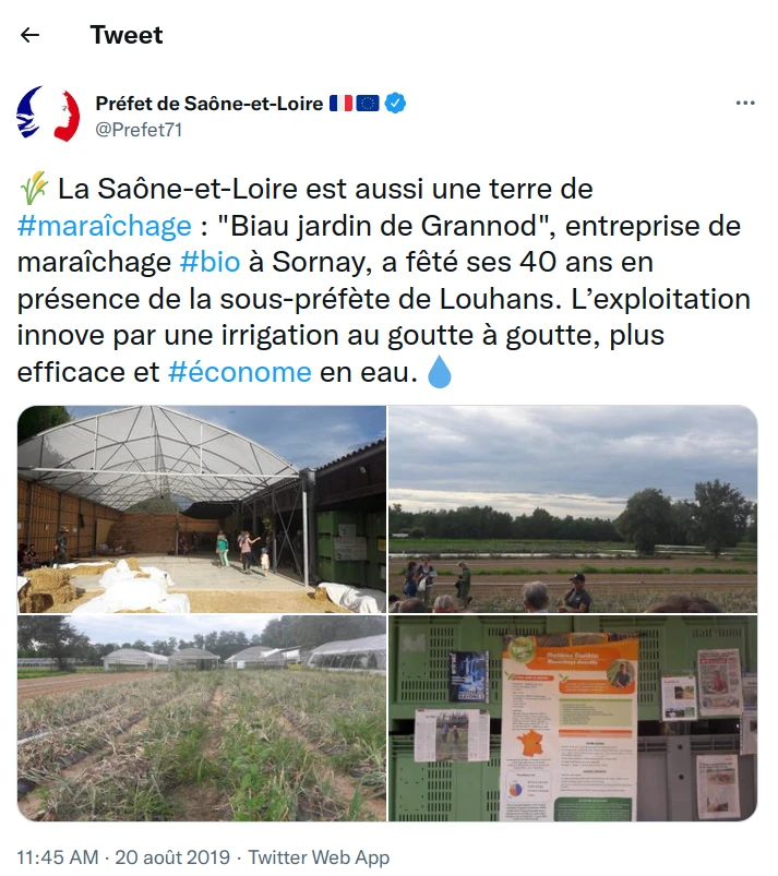 tweet de Mme la sous préfète en visite signalant notre politique d'économie de l'eau