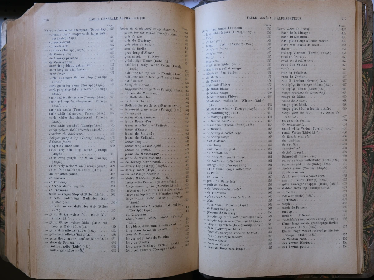 2 pages de table des matières, une petite partie des variétés de navet listées par Vilmorin il y a un siècle