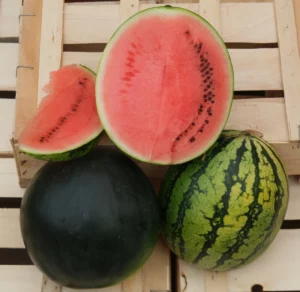 photo de quartier de pastèque et fruit entier disposés sur cagette bois