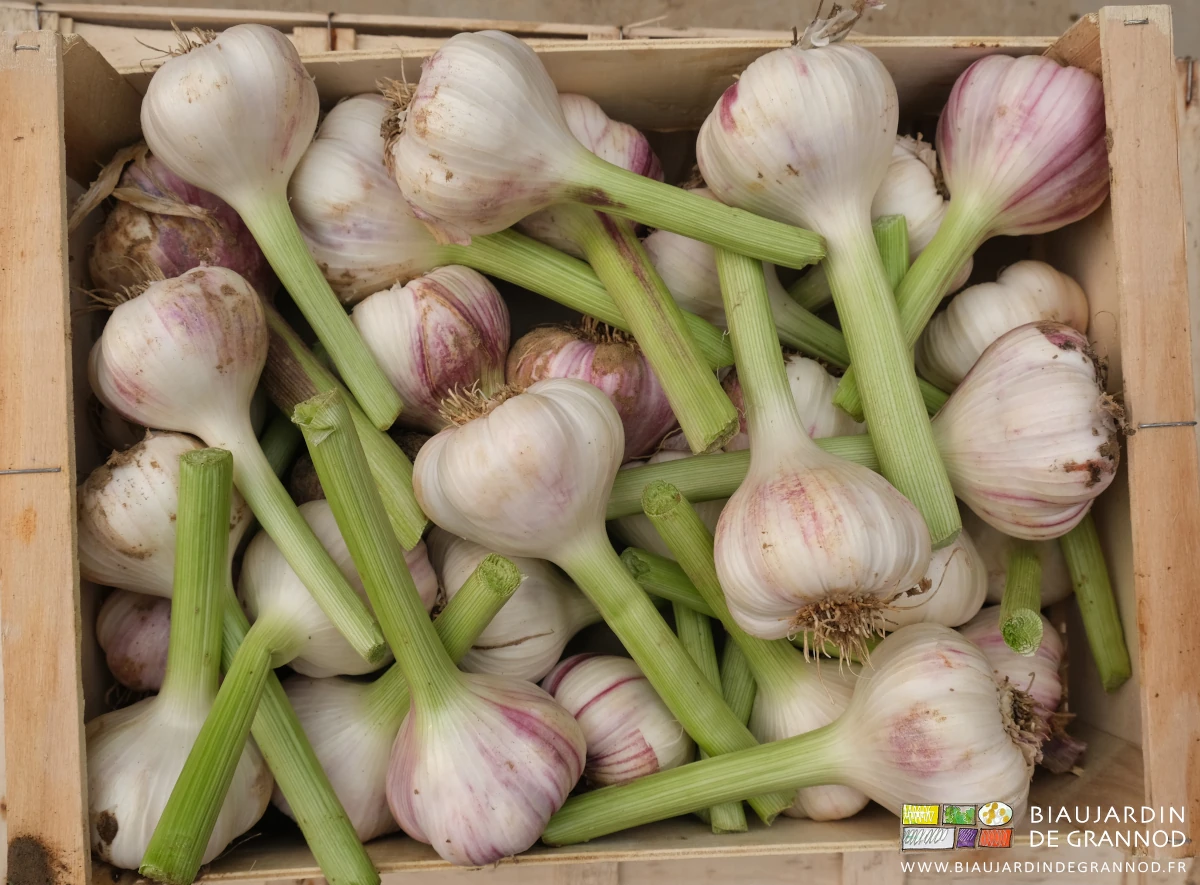 photo d'ail frais présenté avec un petit peu de tige en cagette bois