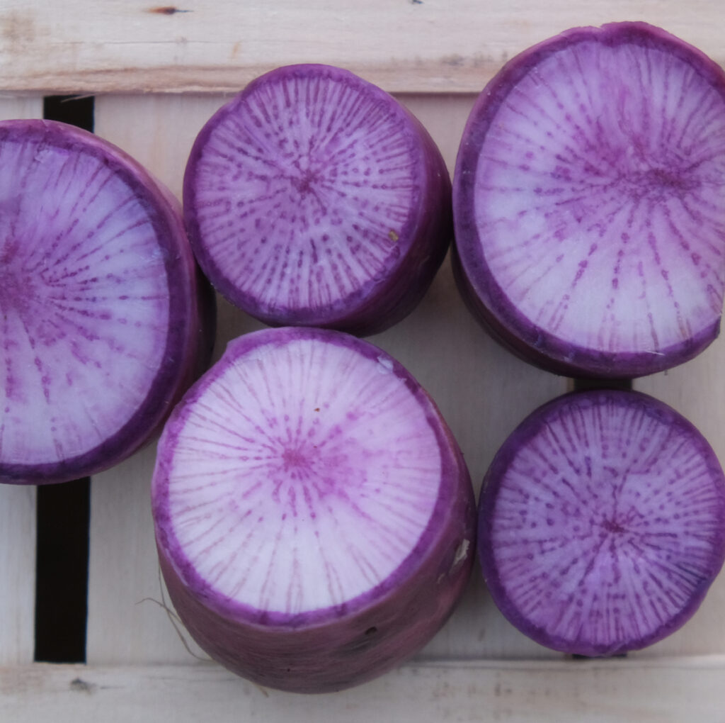 photo de rdis violets tranchés posés sur cagette bois