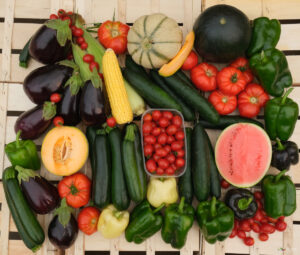 photo de toute la collection de légumes fruits de saison sur fond de cagettes bois