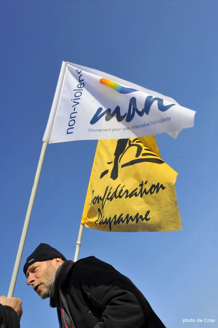 photo des drapeaux du mouvement non violent et de la co nfédération paysanne en manif sous ciel bleu