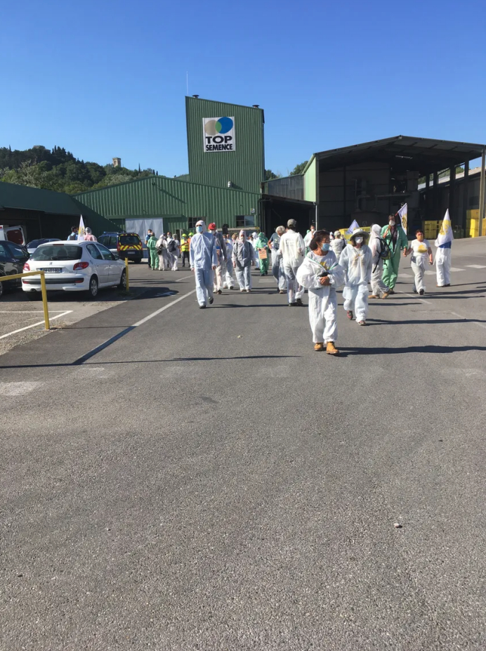 photo du groupe de faucheurs faucheuses dans la cour de Top Semences