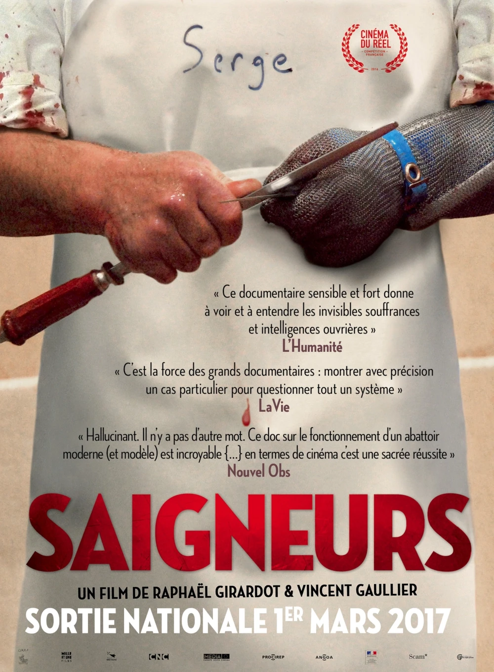 affiche du film saigneur : avec mains, couteau et tablier blanc