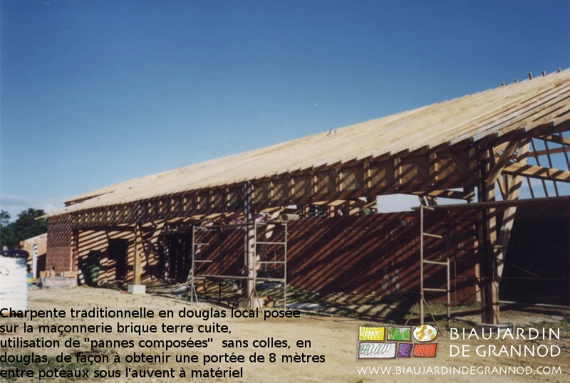 photo de la charpente douglas et panne composée sur poteaux espacés