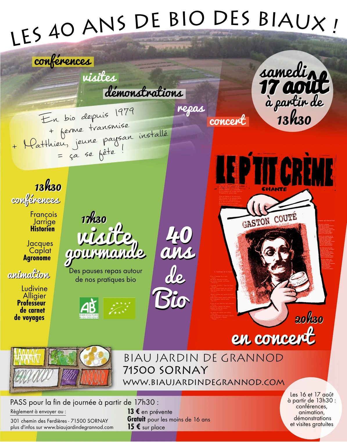 affiche annonçant conférences, repas visite et concert pour fêter 40 ans de maraîchage bio