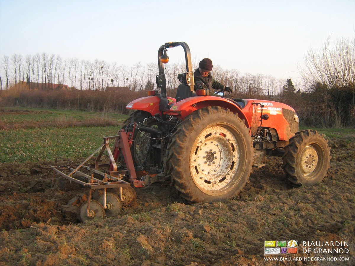 photo d’ancienne butteuse à asperges montant ses premières planches permanentes expérimentales