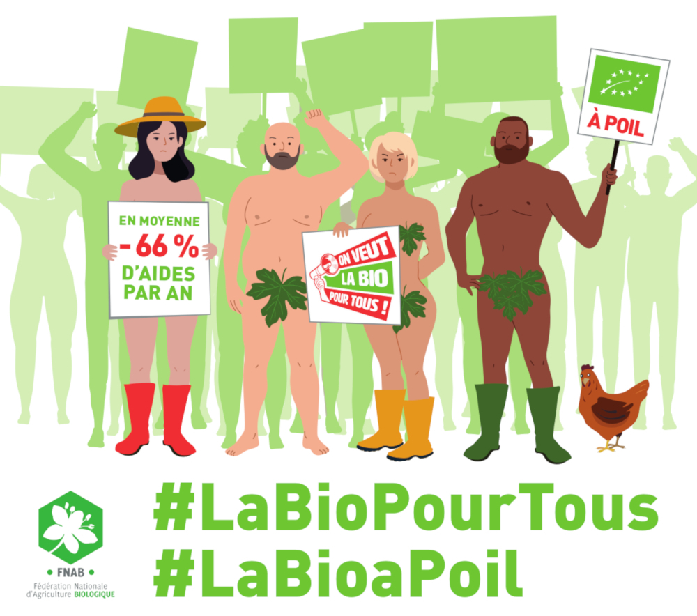 affiche dessinée de la manifestation la bio à poil avec ses paysan-nes en bottes quand même