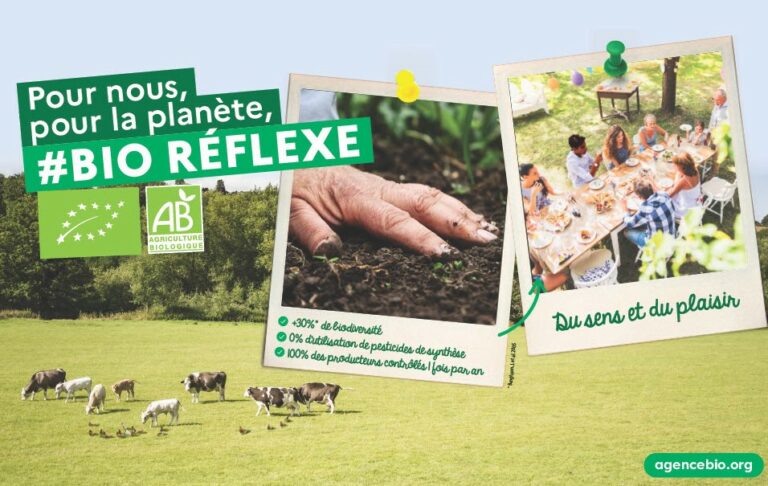 affiche de la campagne "Pour nous, pour la planète, Bio réflexe"