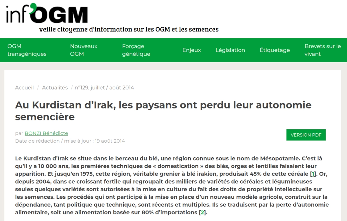 article inf'ogm au Kurdistan d'Irak, les paysans ont perdu leur autonomie alimentaire