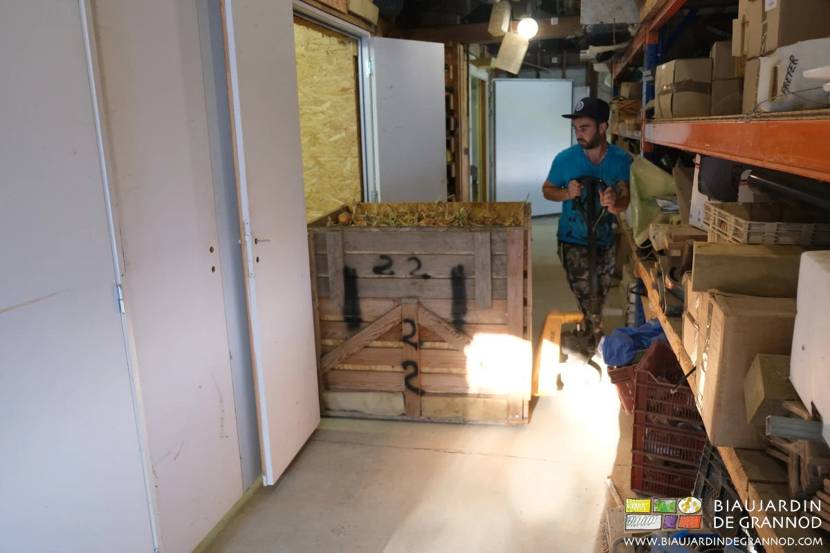 photo de transport du palox au transpalette dans le local par le couloir