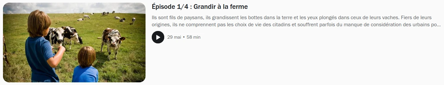 copie d'écran annonçant l'épisode 1 Grandir à la ferme