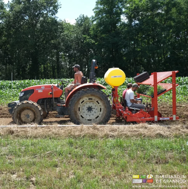 photo de l'équipe au travail avec la planteuse rouge