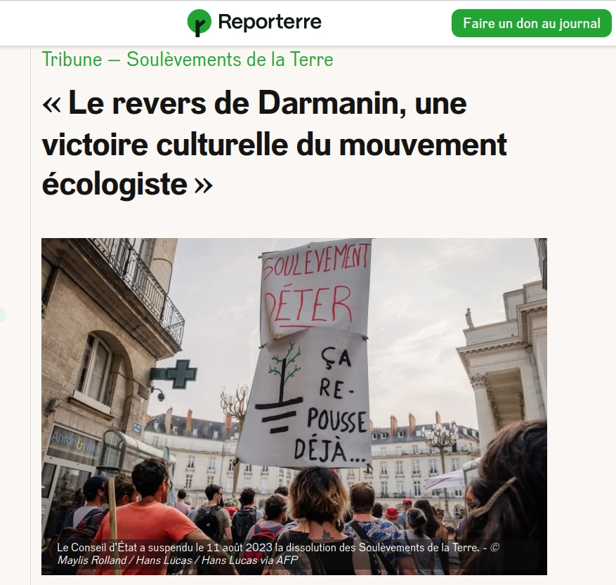 copie d'écran de la page titre de la tribune de Stéphen Kerckhove sur Reporterre
