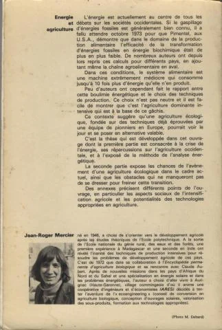 quatrième de couverture du livre agriculture et énergie de Jean-Roger Mercier de 1978