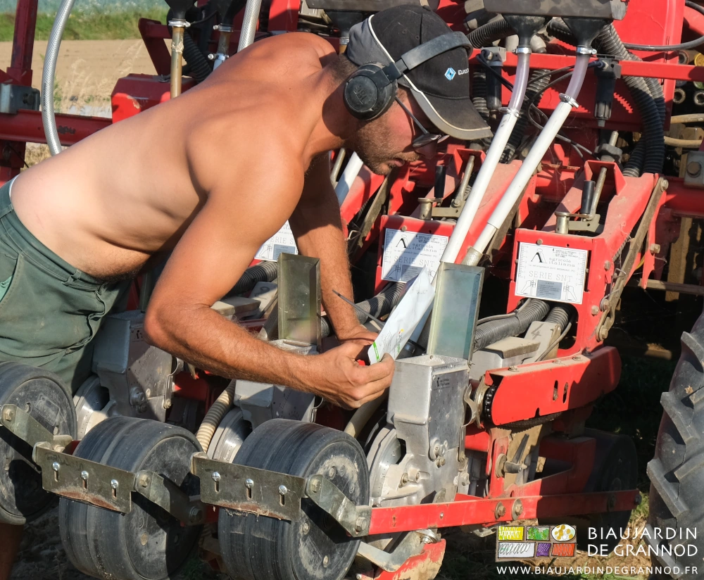 photo de Matthieu vidant un sachet de semence dans la trémie d'un des éléments semeurs
