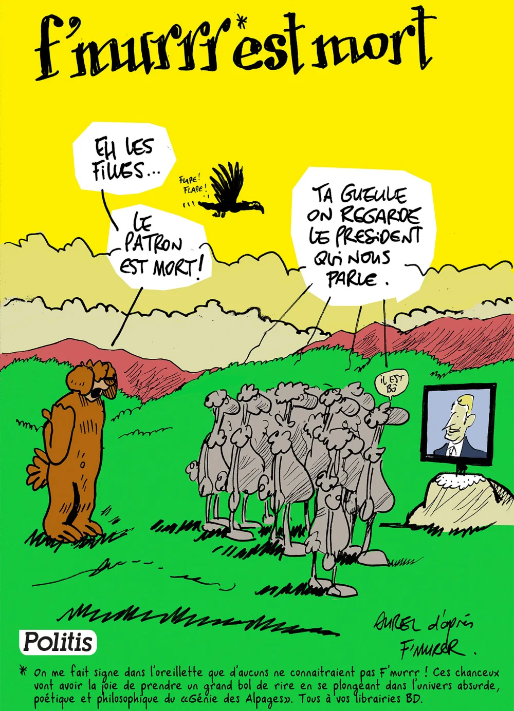 dessin imitation f'murr le chien parle aux brebis qui regardent Macron à la télé