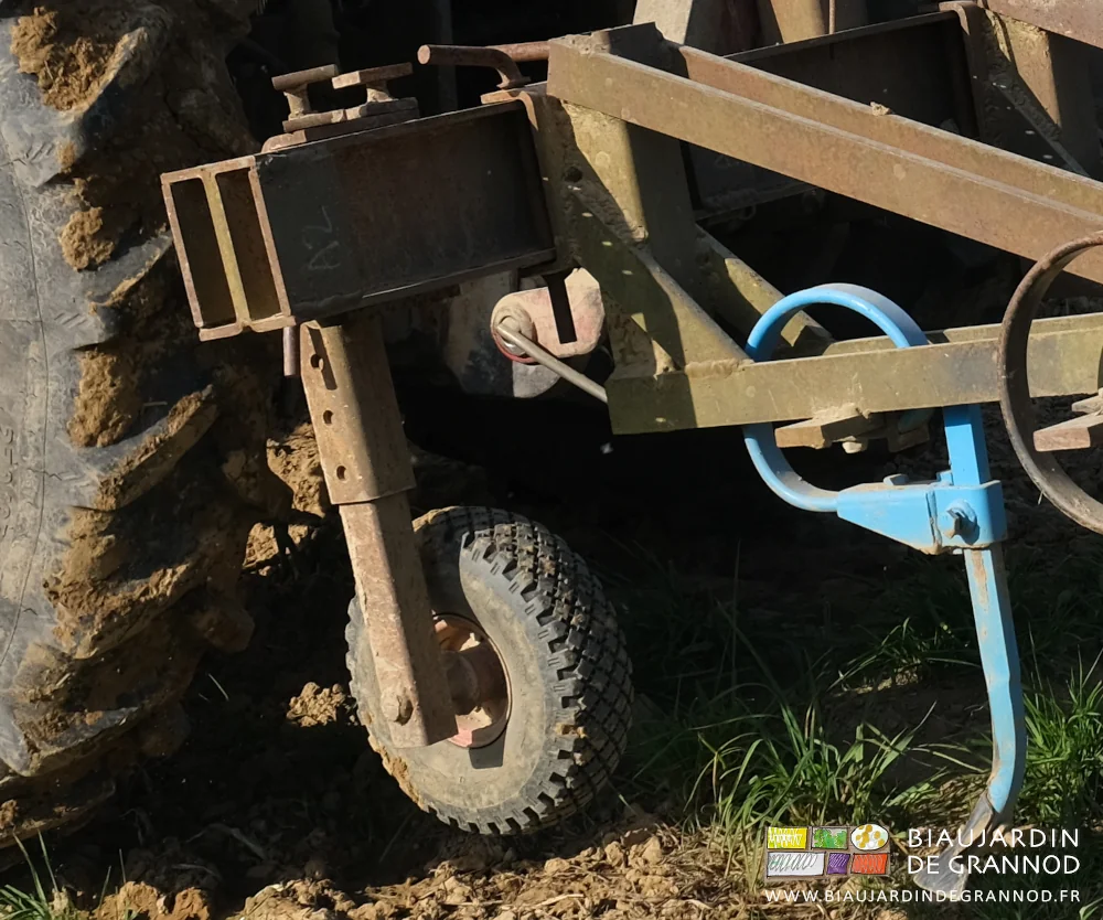 photo détaillant le bâti double avec roue de jauge à l'avant et chassis de travail à l'arrière
