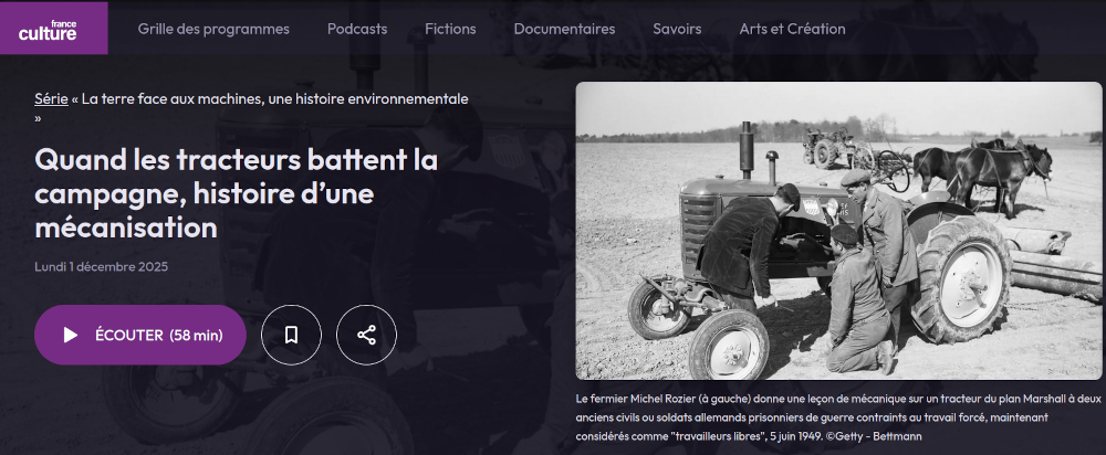 copie écran France Culture mécanique sur Massey Harris et bouton pour podcast