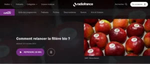 copie d'écran du site France Culture annonçant l'émission comment relancer la Bio