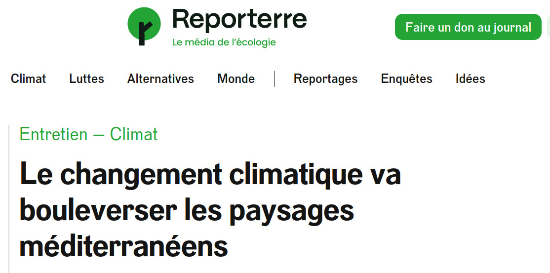 copie d'acran de l'annonce de l'article le changement climatique va bouleverser les paysages méditerranéens