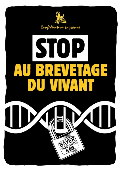 affiche repésentant un brin d'ADN cadenassé par Bayer Monsanto etc