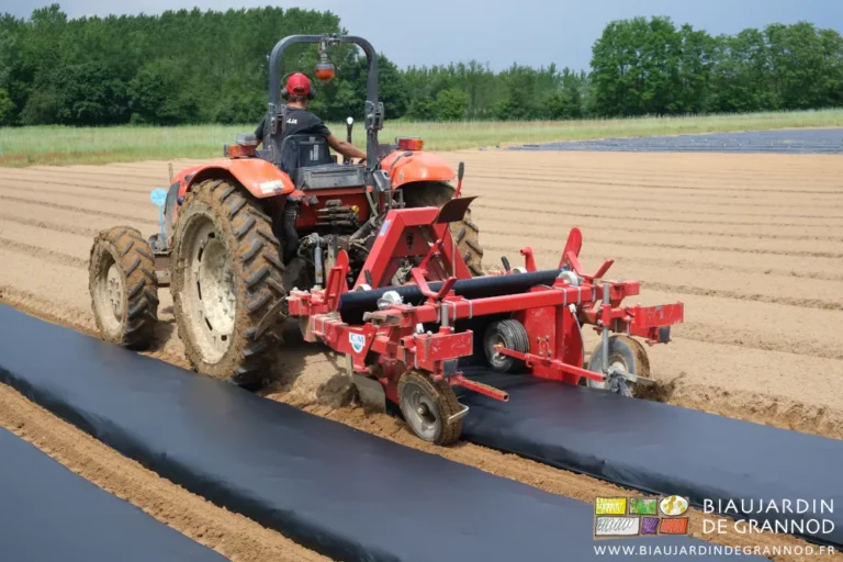 Photo du trio Matthieu tracteur et dérouleuse filmant les planches pour les courges