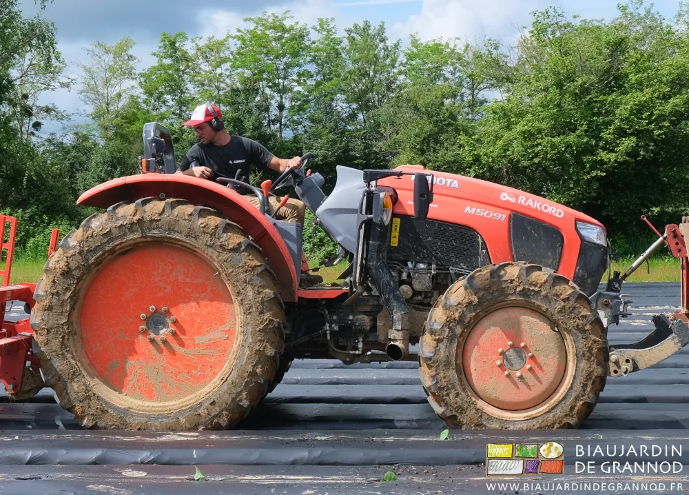 Photo de Matthieu qui conduit le tracteur et observe pour affiner le maintien de la Ferrari