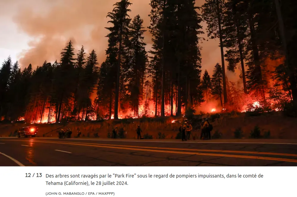 copie d'écran incendie en Californie pompiers protégeant une route