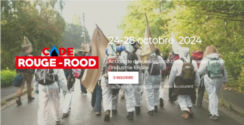 copie d'écran de la page accueil du site de Code Rouge, des activiste en combinaison blanche manifestent