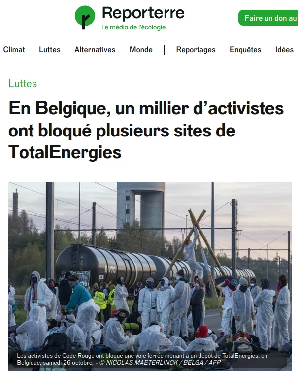copie d'écran du site Reporterre avec photo de la mobilisation active en Belgique