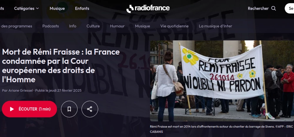 copie d'écra, Radio France annonçant la condamnation de la France par la CEDH pour la mort de Rémi Fraisse