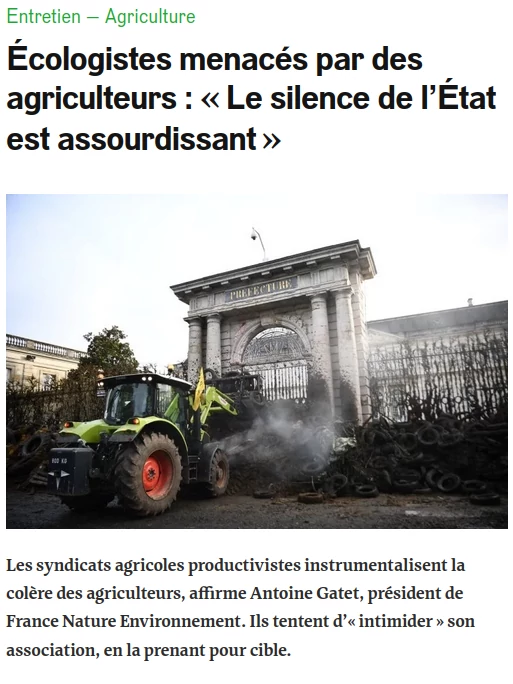 copie d'écran site Reporterre tracteur poussant fumier et pneus sur préfecture