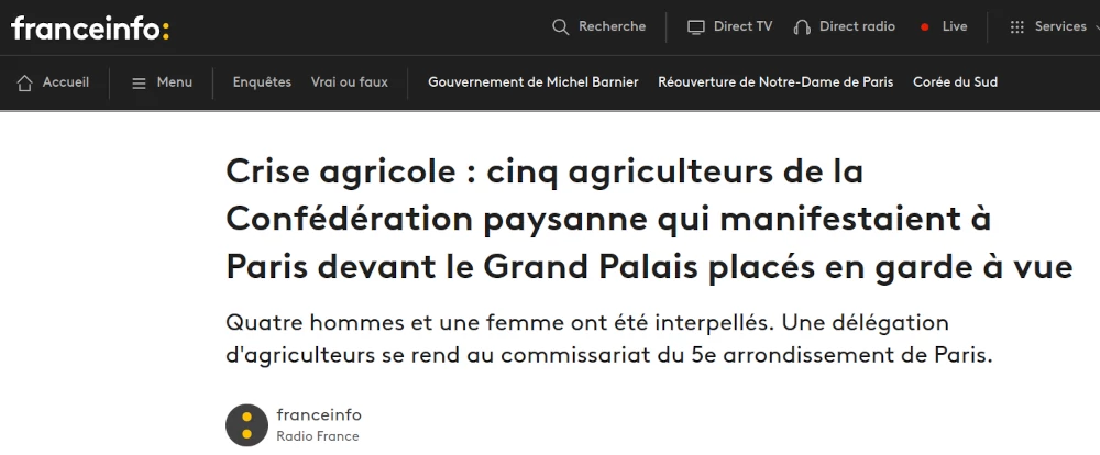 titre France Info annonçant 5 gardes à vue