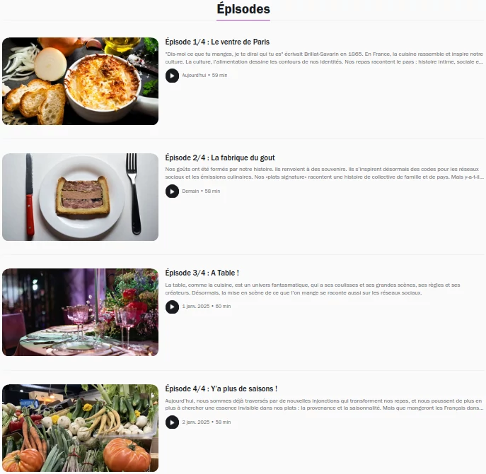 copie d'écran du site France Culture listant les 4 épisodes à écouter CLIC
