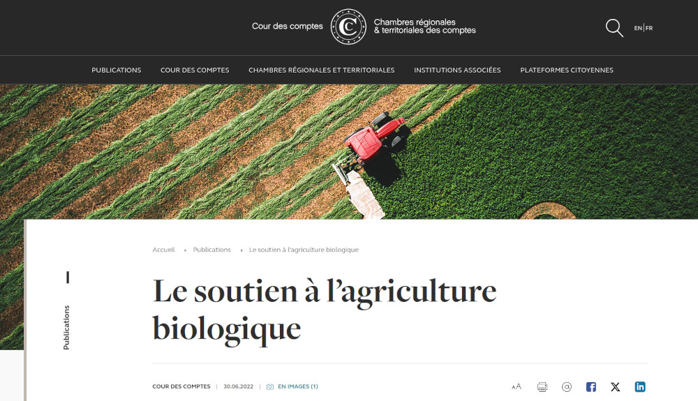 copie d'écran du site cour des comptes annonçant son rapport sur le soutien à la Bio