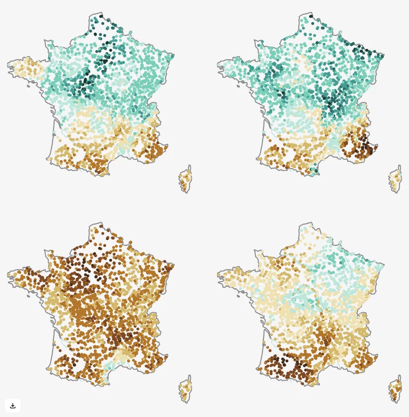 copie d'écran de carte de France avec les points des 230 stations de mesure