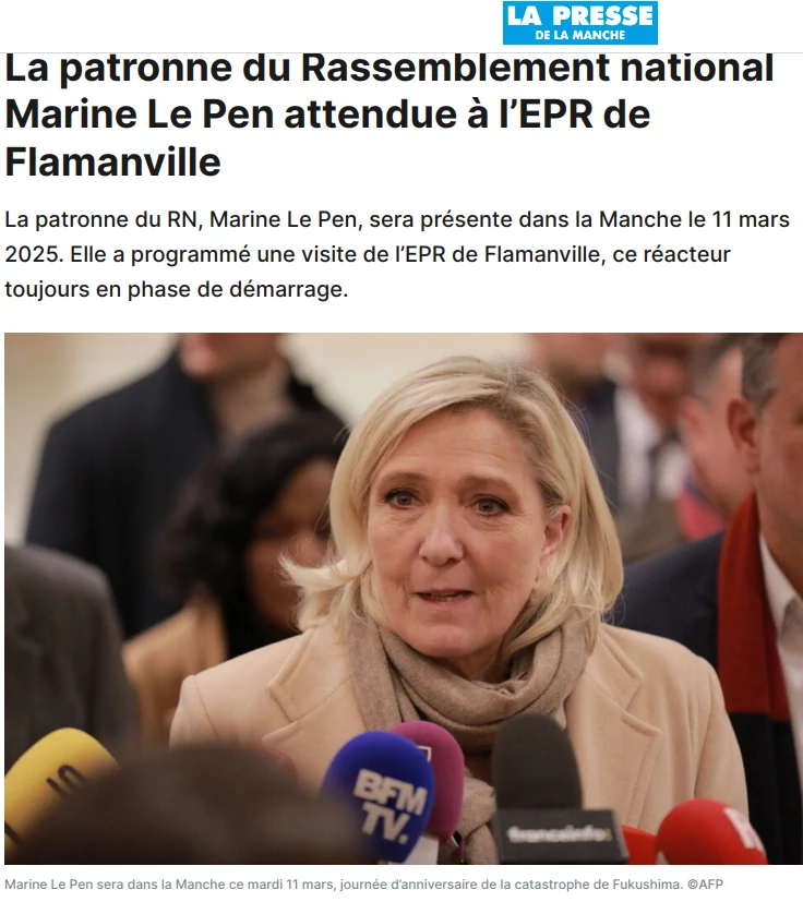 copie d'écran journal de la Manche Marine Le Pen visite l'EPR à nouveau à l'arrêt