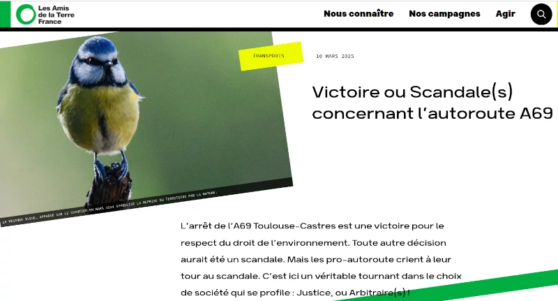 capture d'écran du site des amis de la terre, une mésange bleue revenue sur le chantier de l'A69