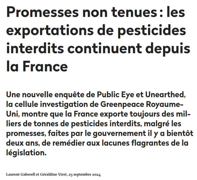 copie d'écran Public Eye promesses non tenues les exportations de chimie interdite co,ntinuent 2024