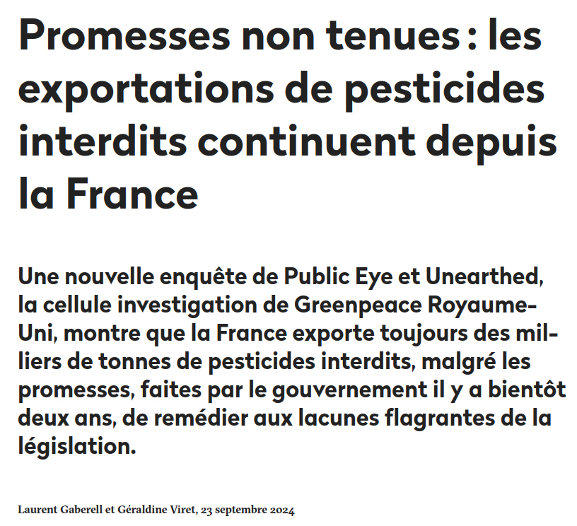 copie d'écran Public Eye promesses non tenues les exportations de chimie interdite co,ntinuent 2024