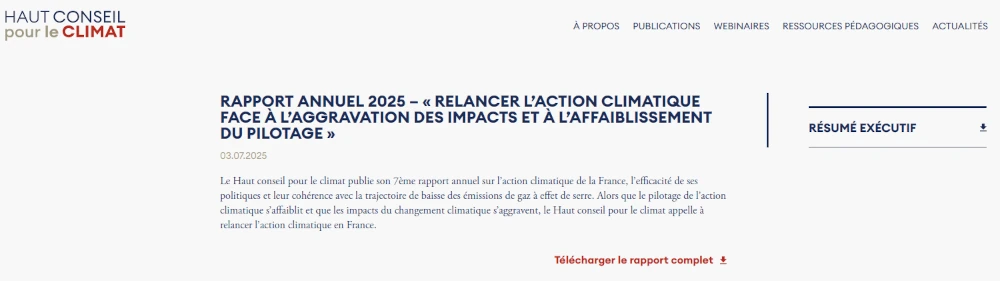 copie d'écran site Haut Conseil pour le Climat annonçant son rapport alarmant