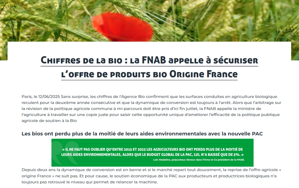 copie d'écran la Fnab appelle à sécuriser l'offre bio origine France