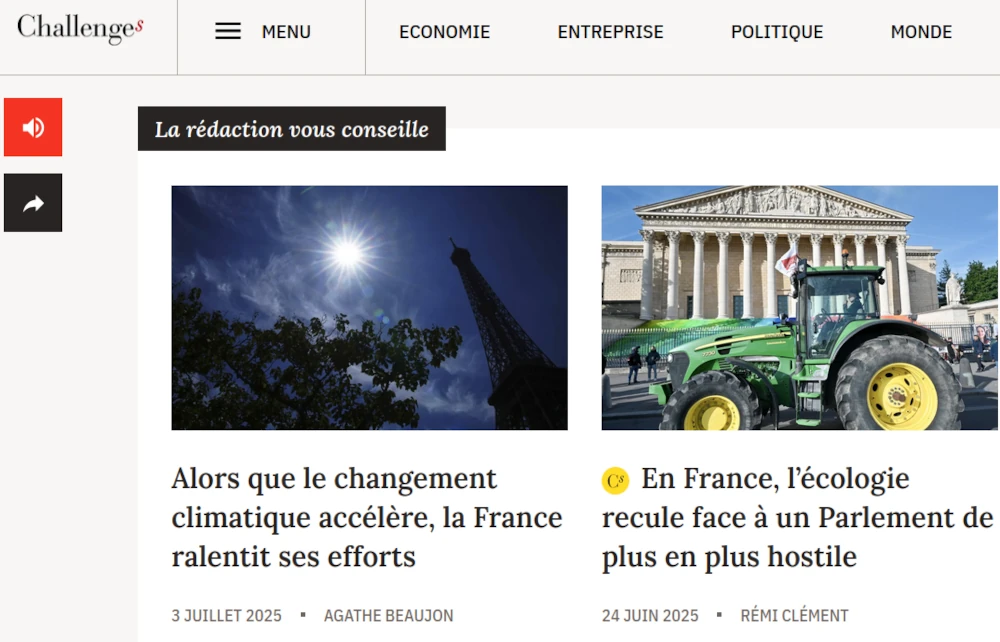 copie d'écran Challenges le changement climatique accélère, la France ralentit ses efforts