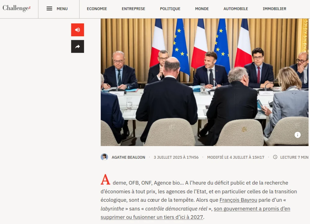 copie d'écran revue Challenges pĥoto d'une réunion ministérielle