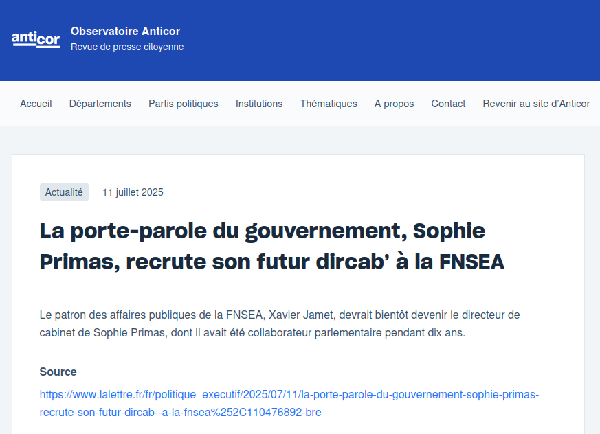 copie d'écran site anti cor porte parole du gouvernement recrute à la fnsea