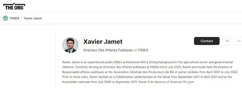 copie d'écran site the org retraçant la carrière de Xavier Jamet